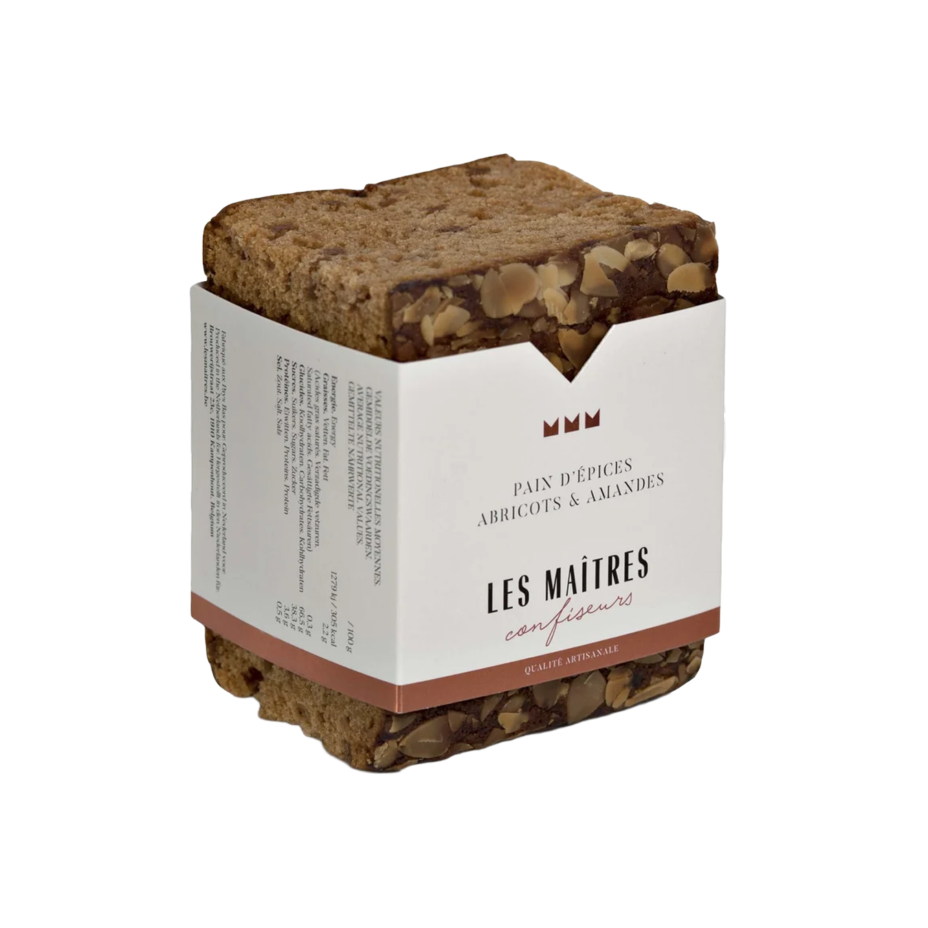 Peperkoek met abrikozen en amandelen van Les Maîtres Confiseurs, voorgesneden verpakking van 220 gram